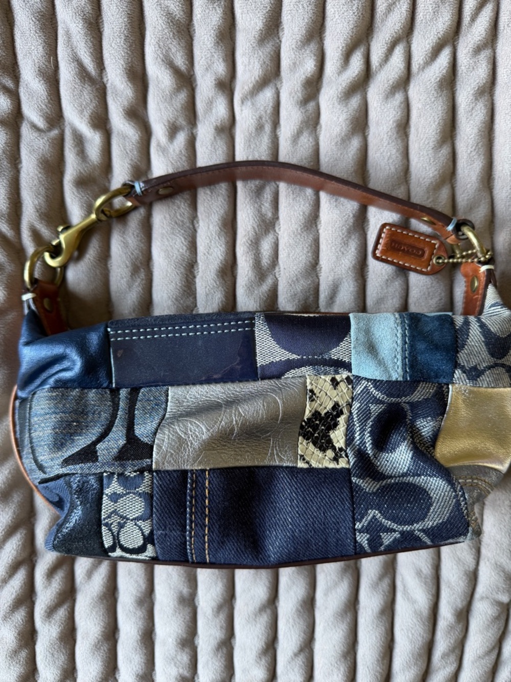 Coach Denim and Leather Patchwork Shoulder Bag - Blue, Tan
